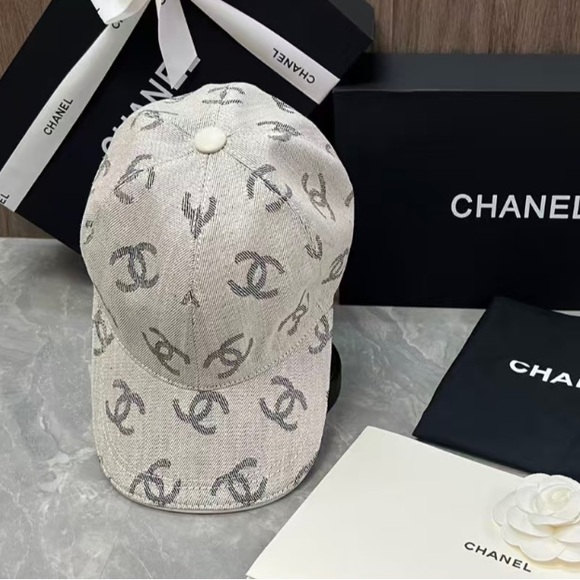 CHANEL Beige and Charcoal Logo Hat - Picture 1 of 5